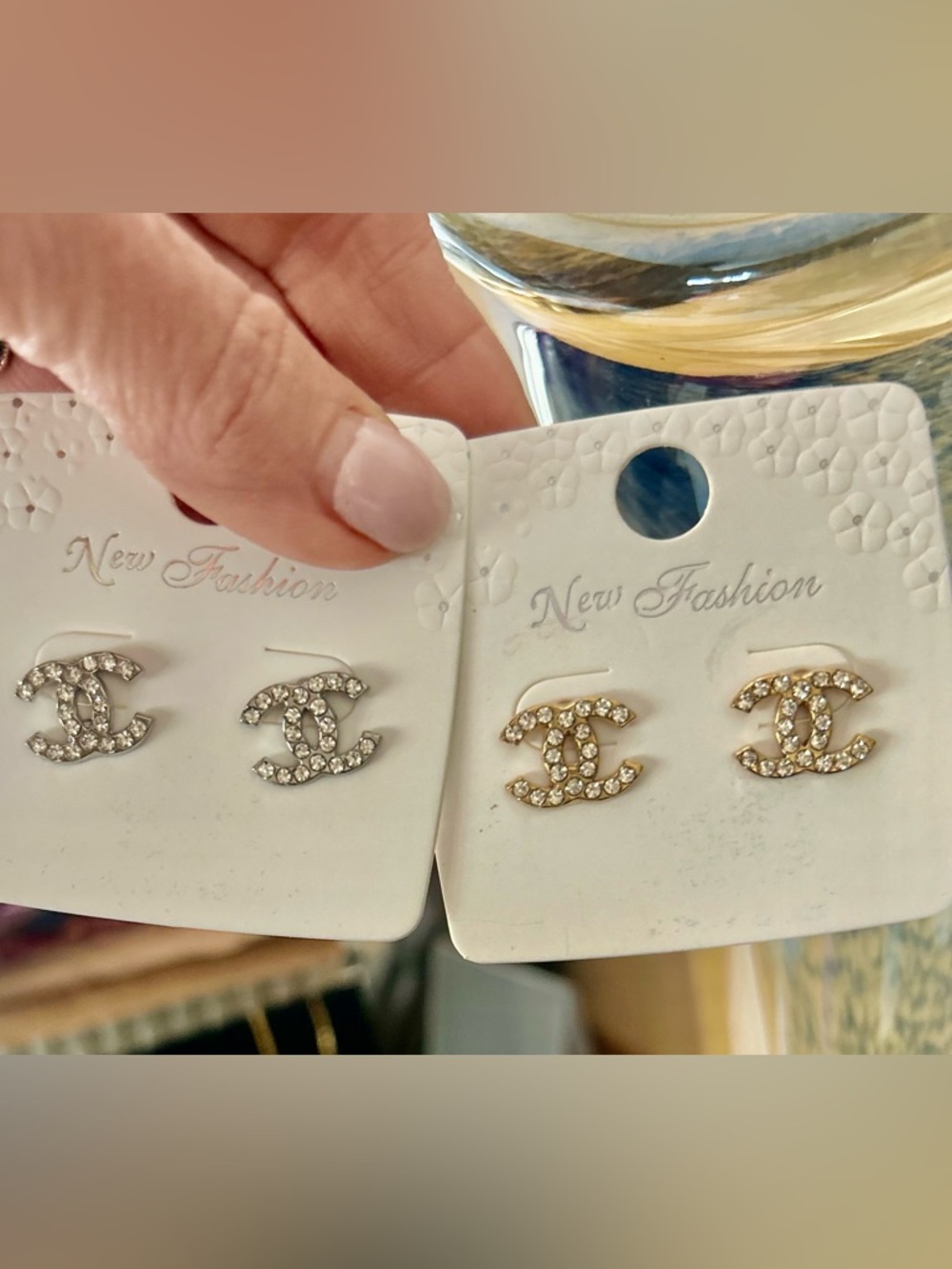 Crystal Double-C Logo Stud Earrings - Gold and Silver Tones